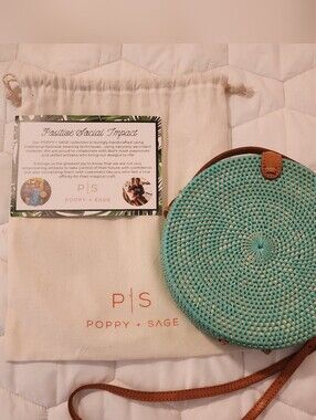 Aqua Round Hand-Woven Crossbody Bag with Leather Trim